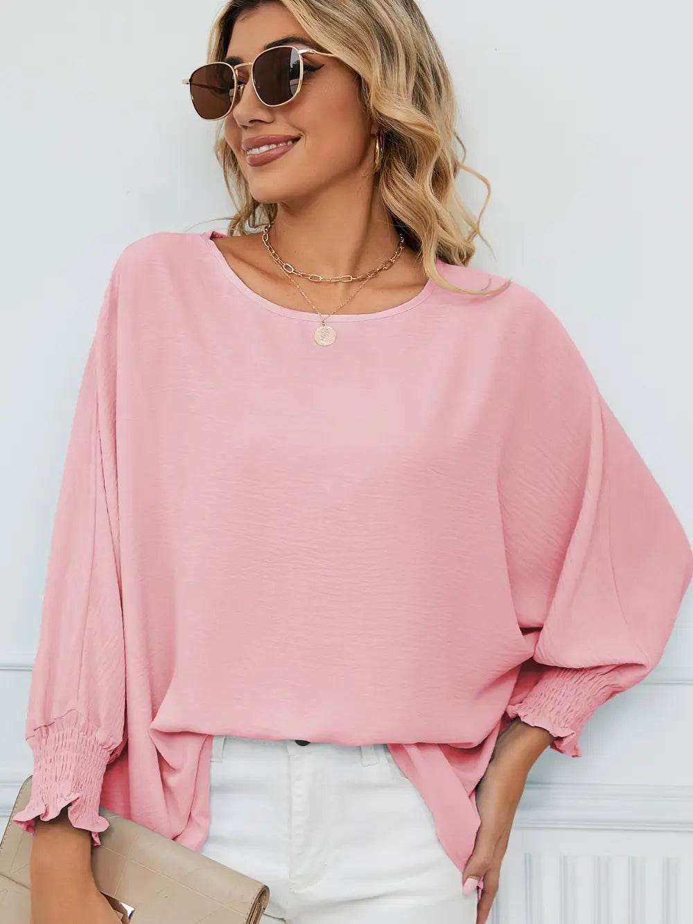Smocked Lantern Sleeve Round Neck Blouse Trendsi 6809f5d2a30343c582eba7afad91ee27-Max