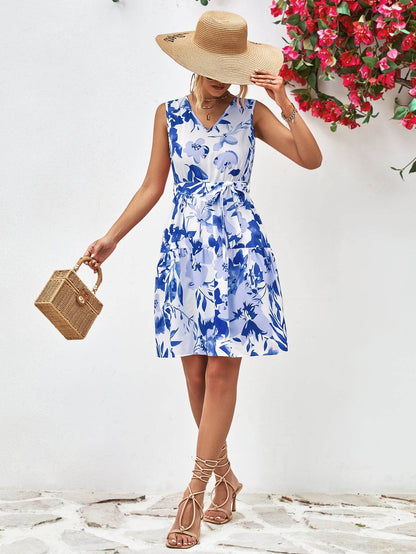 Floral V-Neck Tie Waist Sleeveless Dress Trendsi 6816845189704cbe9928d4f18621f669-Max
