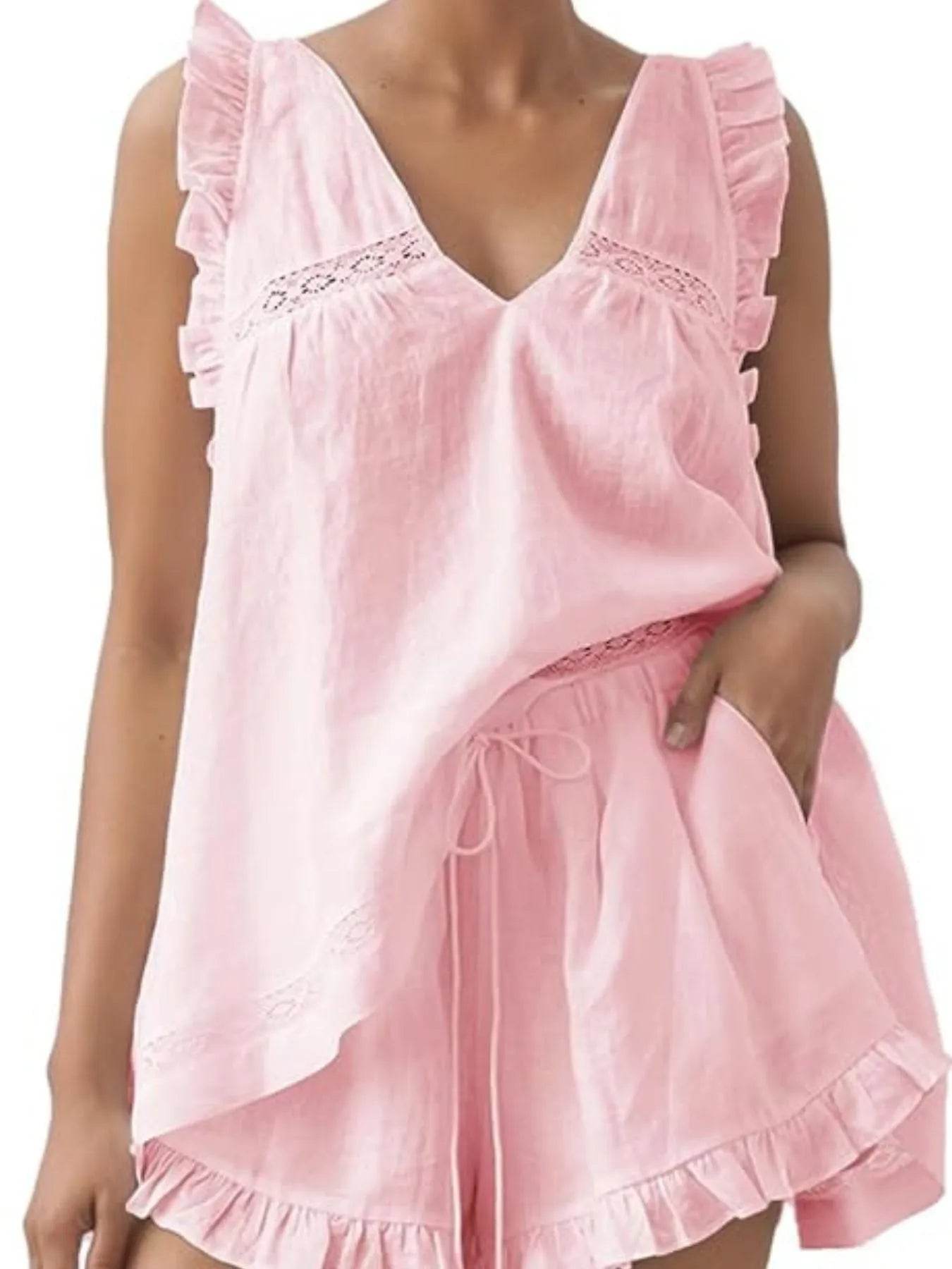 Ruffled V-Neck Top and Shorts Set Blush Pink Trendsi 683c1cd8-6ca0-4770-a088-c999b2d68fed-Max-Origin
