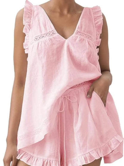 Ruffled V-Neck Top and Shorts Set Blush Pink Trendsi 683c1cd8-6ca0-4770-a088-c999b2d68fed-Max-Origin