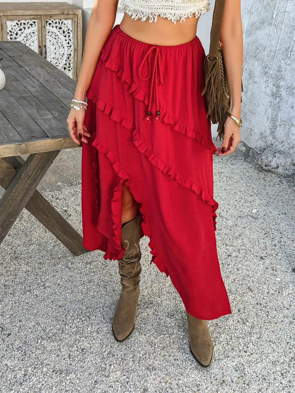Devine Slit Drawstring Ruffled Skirt Trendsi 6844fe81-05b1-459c-b0e4-09f63ed005b5-Max