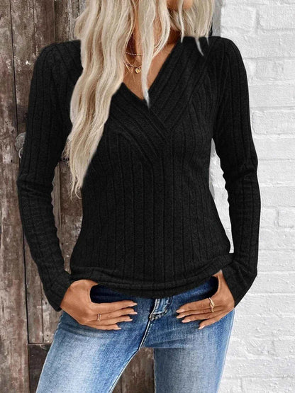 Ribbed V-Neck Long Sleeve Knit T-Shirt Trendsi 6851fcc6d1ef402f87d235dc913eb855-Max-Origin