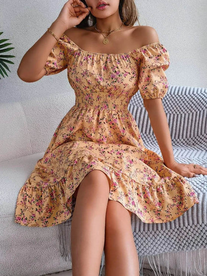Ruffled Hem Floral Puff Sleeve Dress Tan Trendsi 6852bd3a-6d0d-4680-bdcf-5b706cdf8b67-Max-Origin