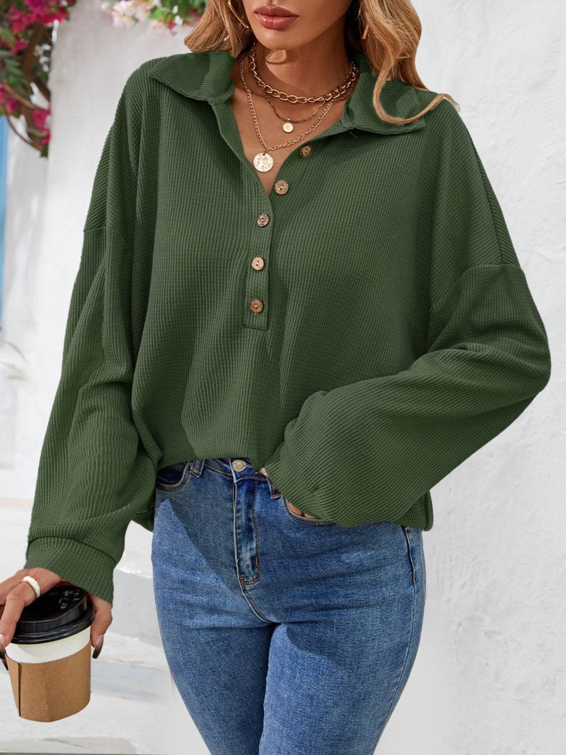 Half Button Collared Neck Long Sleeve Top Army Green Trendsi 6878a63a842843fd9f57ba6c0c4e1bb6-Max