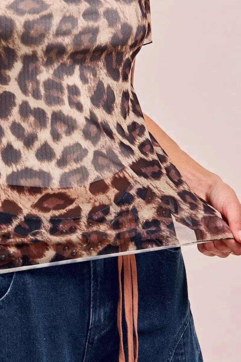 BiBi High Neck Leopard Mesh Short Sleeves Top Trendsi 687d609c7ed146af847d170273218983-Max-Origin