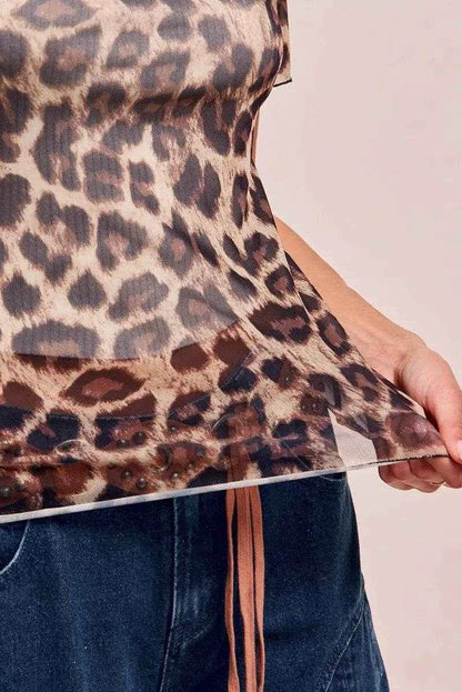 BiBi High Neck Leopard Mesh Short Sleeves Top Trendsi 687d609c7ed146af847d170273218983-Max-Origin