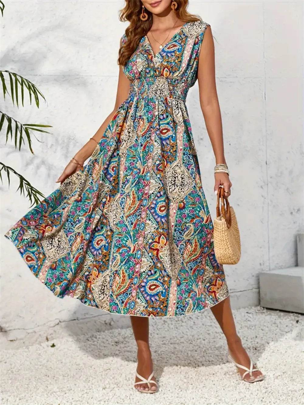 Smocked Printed Surplice Sleeveless Midi Dress Trendsi 6881e98e-1da1-46f3-93d1-806b6e097332-Max