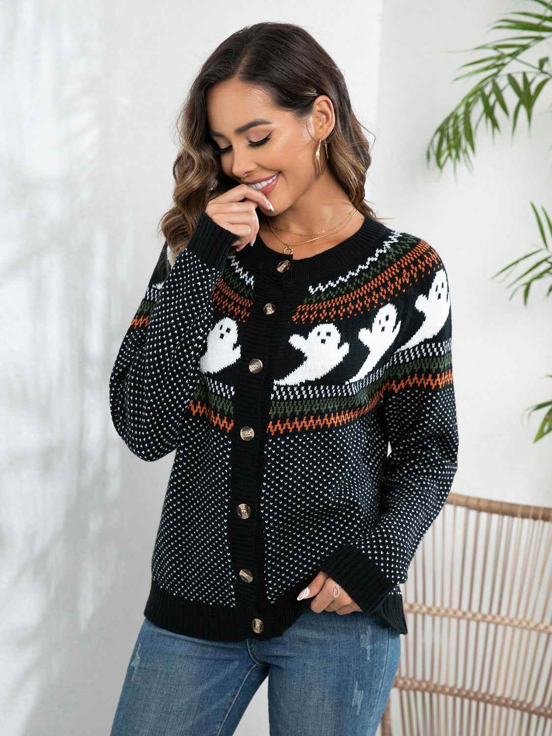 Ghost Button Up Long Sleeve Cardigan Trendsi 689125145c7e4b9bbe8fbe48e33249fa-Max