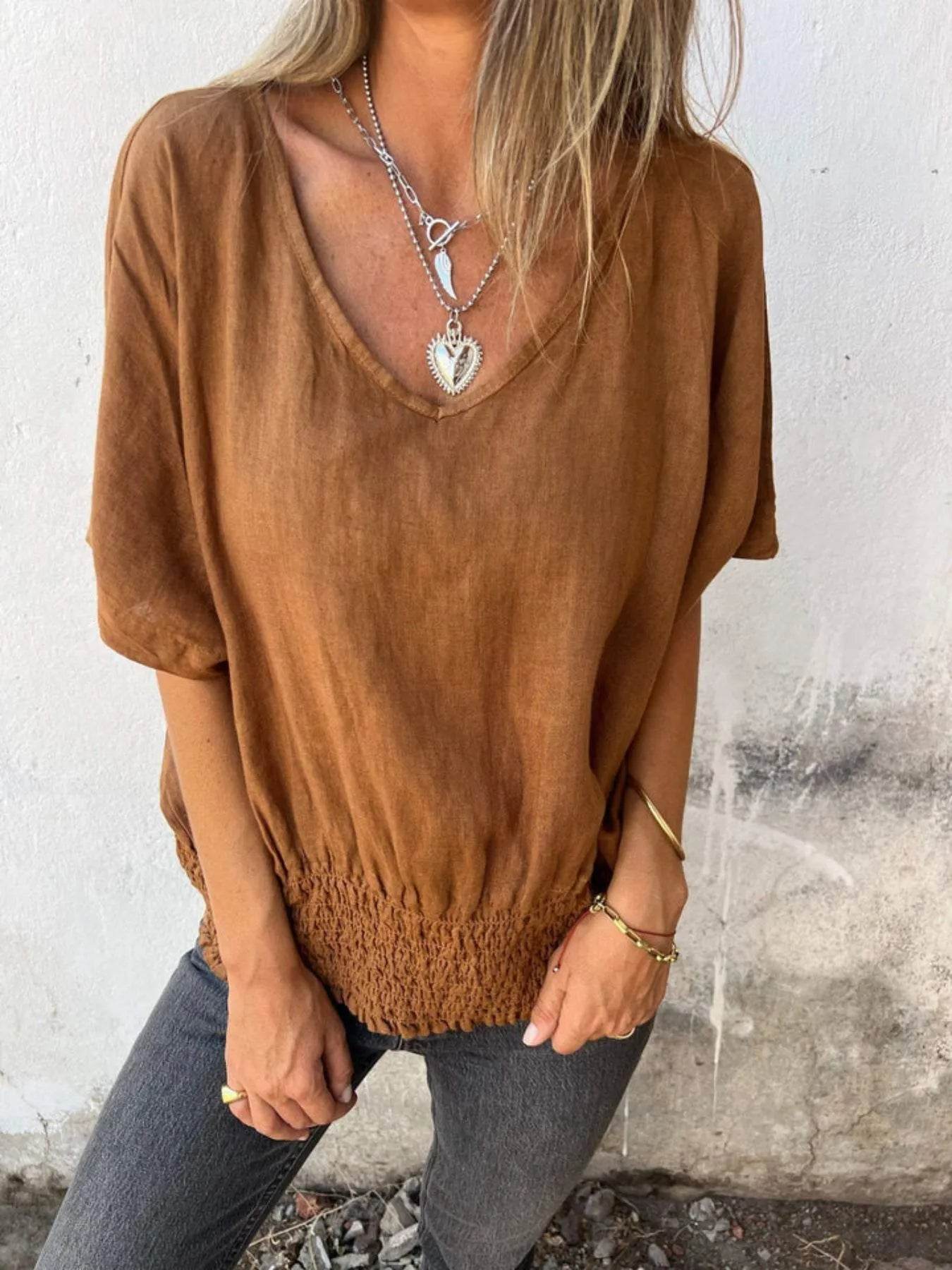 Full Size Smocked Hem V-Neck Relaxed Fit T-Shirt Plus Size Trendsi 68b9897e-6a5b-49d9-8a9f-caf3c6bb2146-Max-Origin