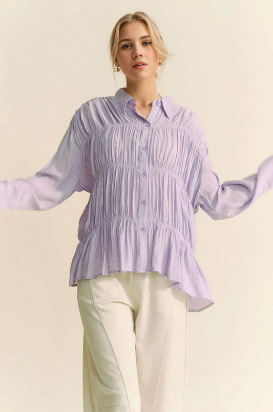 Davi & Dani Ruched All Over Button Front Shirt LILAC Trendsi 68bc9ab314784fe285e5369551a9fed6-Max-Origin