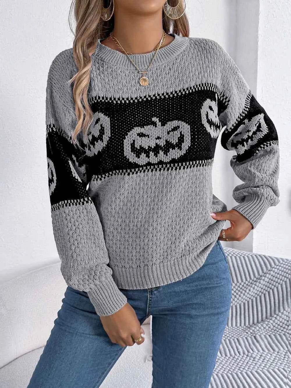 Pumpkin Round Neck Long Sleeve Sweater Gray Trendsi 68db41c3-25ae-4173-8edd-4e7ebae7c195-Max
