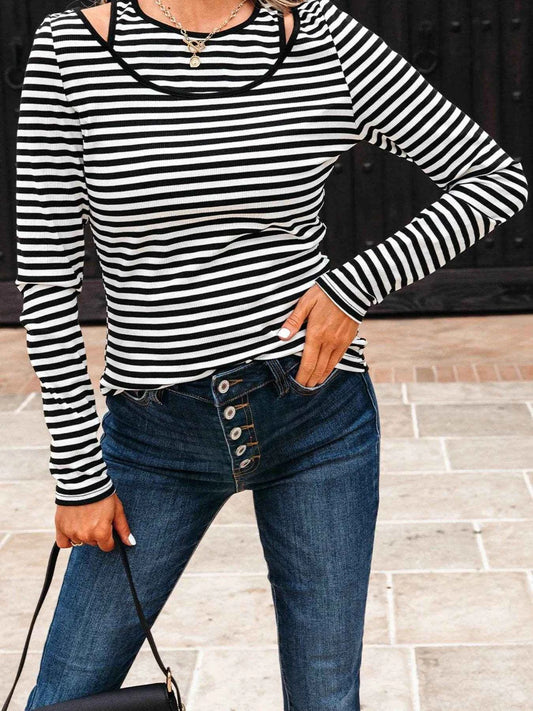Stripe Double-layer Cold Shoulder Long Sleeve Top Trendsi 68ecf7b0ae474dbd994e7670aa04c0a6-Max-Origin