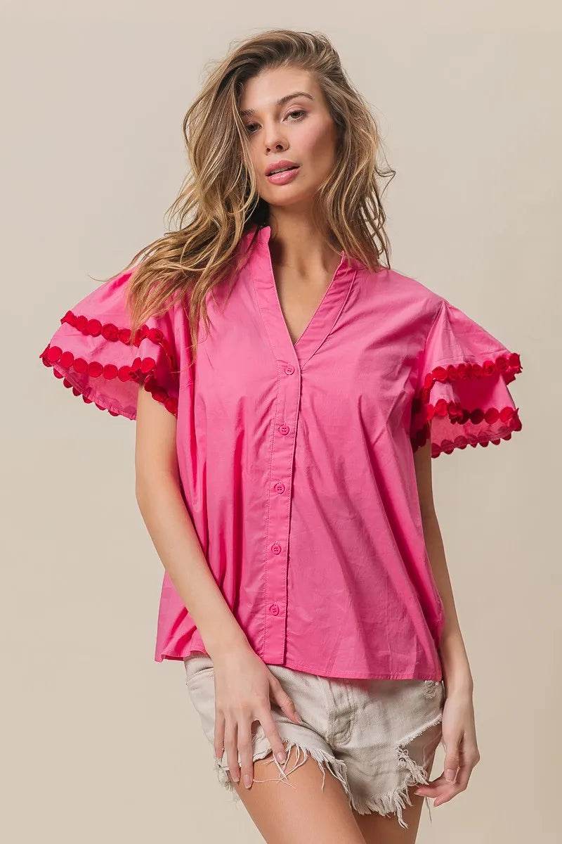 BiBi Dot Trim Flutter Sleeve Notched Top Trendsi 690aea1544a14a5eb4b1c0eb7abdd4e4-Max-Origin