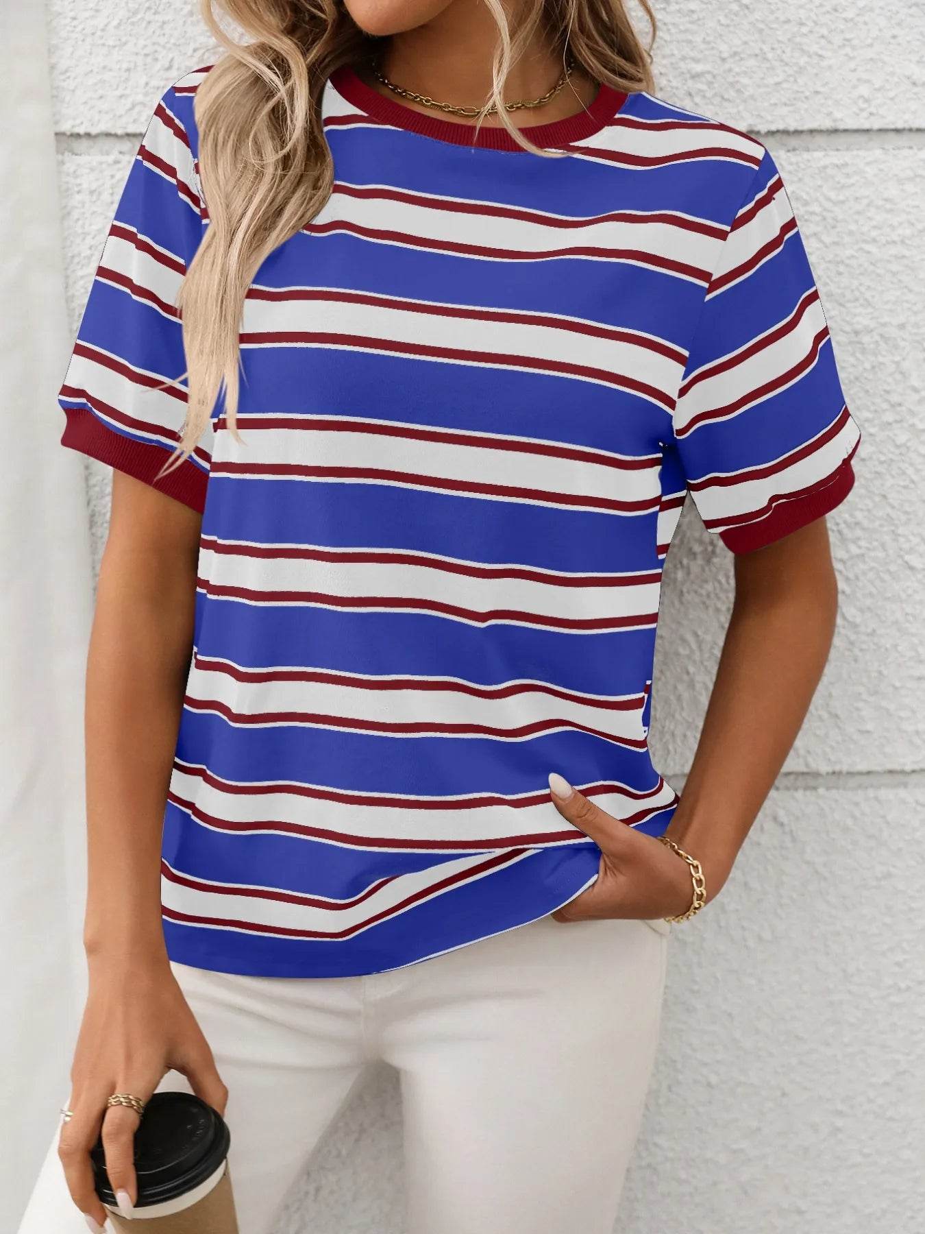 Striped Short Sleeve Crew Neck T-Shirt Royal Blue Trendsi 690cf7cd-4878-40a8-9b73-60020a54c696-Max-Origin