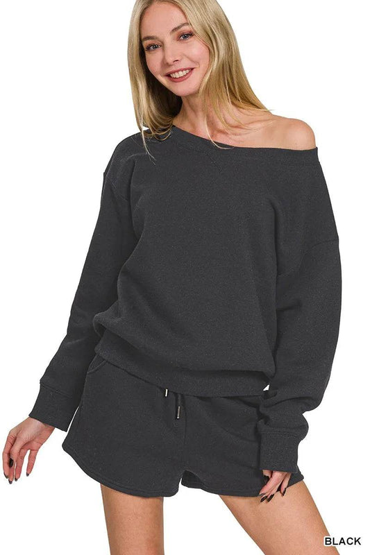 Zenana Fleece Boat Neck Sweatshirt and Shorts Set BLACK Trendsi 69208999891f446b8bfb05a715ce3011-Max-Origin
