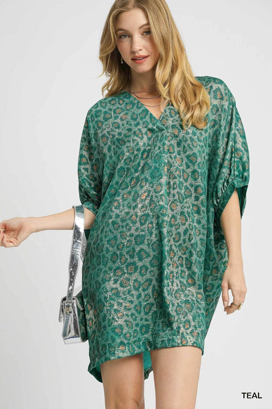 Umgee Metallic Leopard Print V-Neck Kimono Dress TEAL Trendsi 693c0335-51aa-4529-902f-c9eb9aee053b-Max-Origin