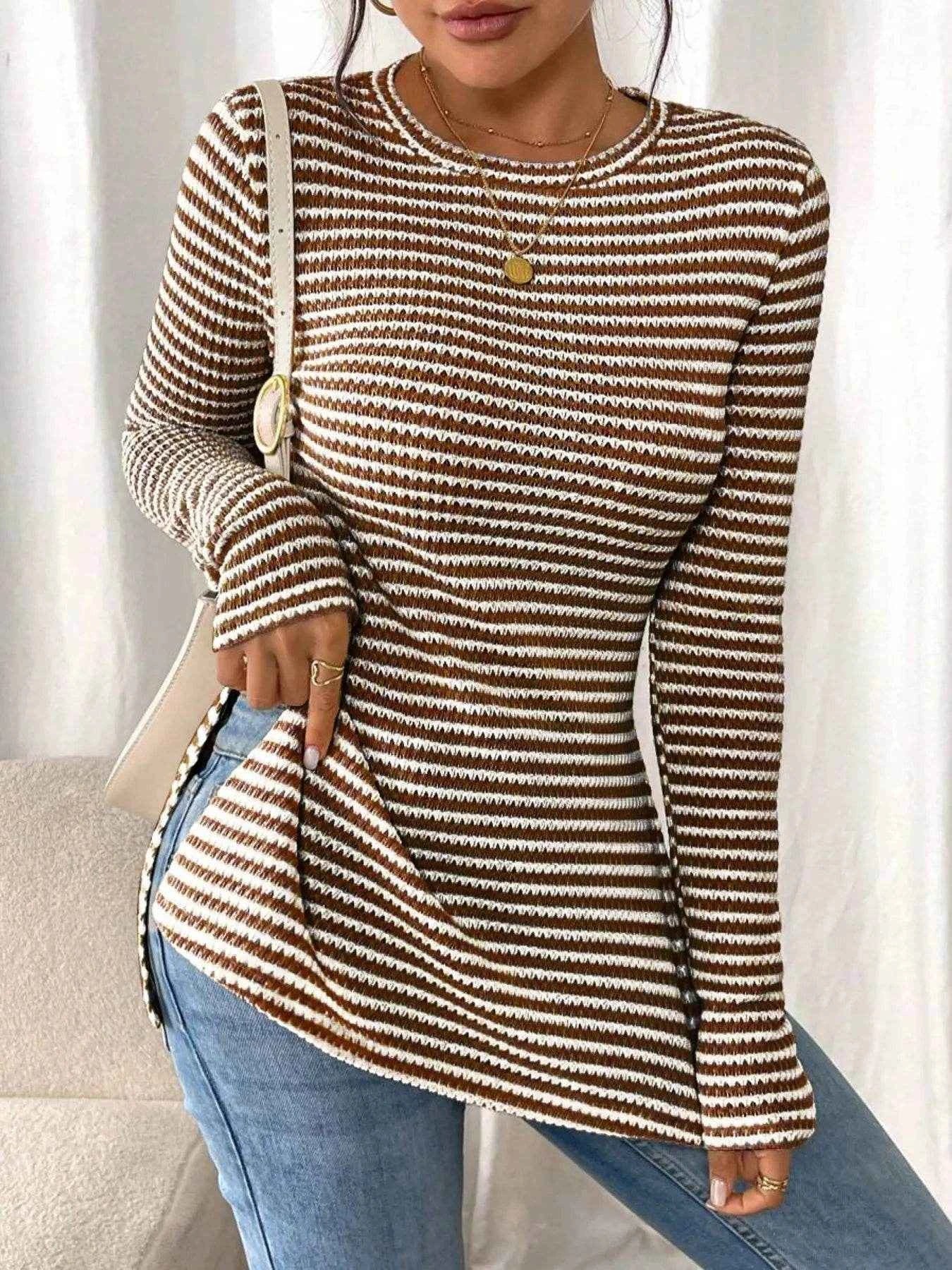 Side Slit Striped Long Sleeve T-Shirt Trendsi 696e77a39ee54e9e89b9c6dc2fd47904-Max-Origin