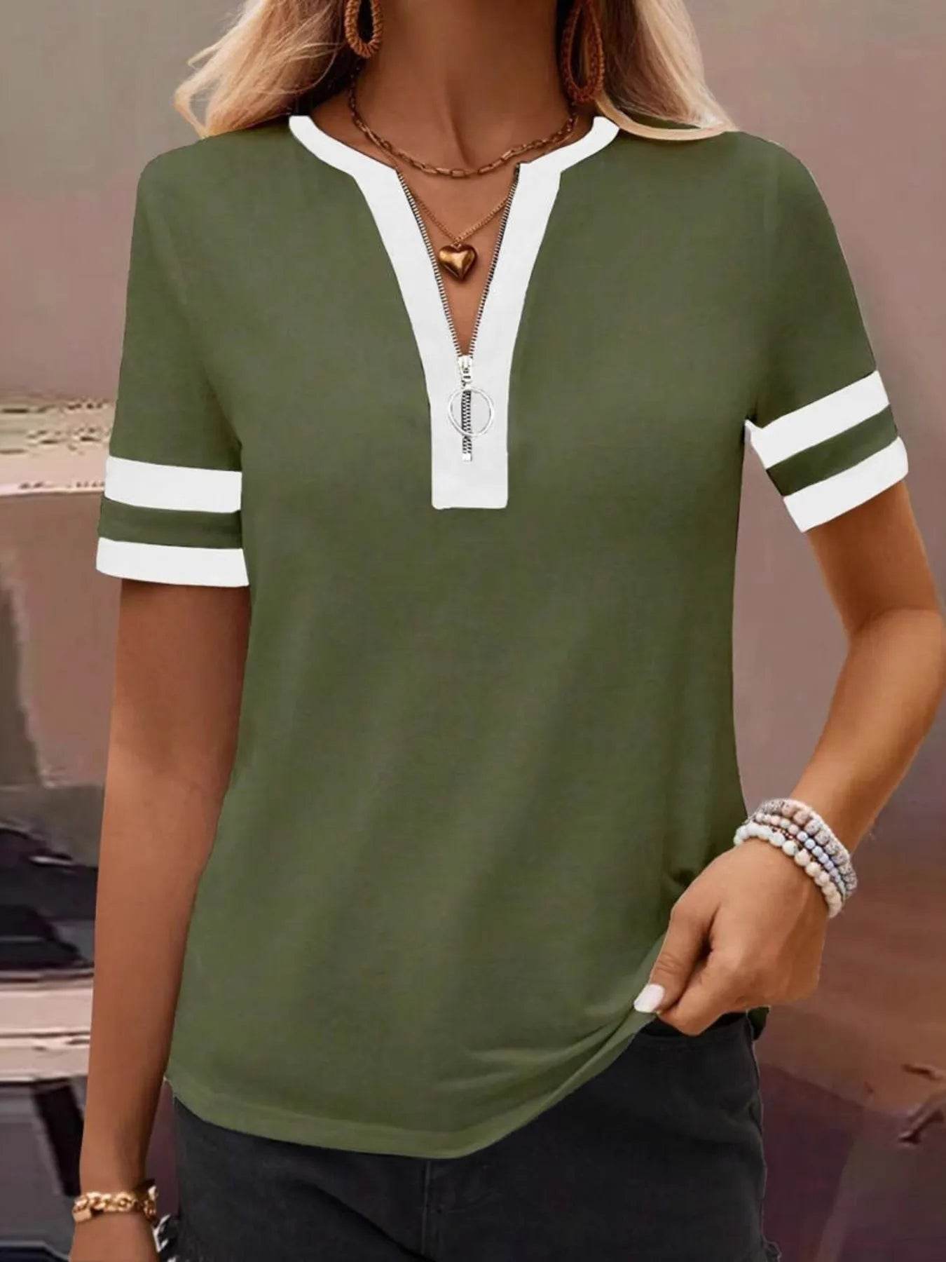 Striped Short Sleeve Half Zip Top Army Green Trendsi 696fb514fcae49ed90799ae8c0a77f96-Max-Origin