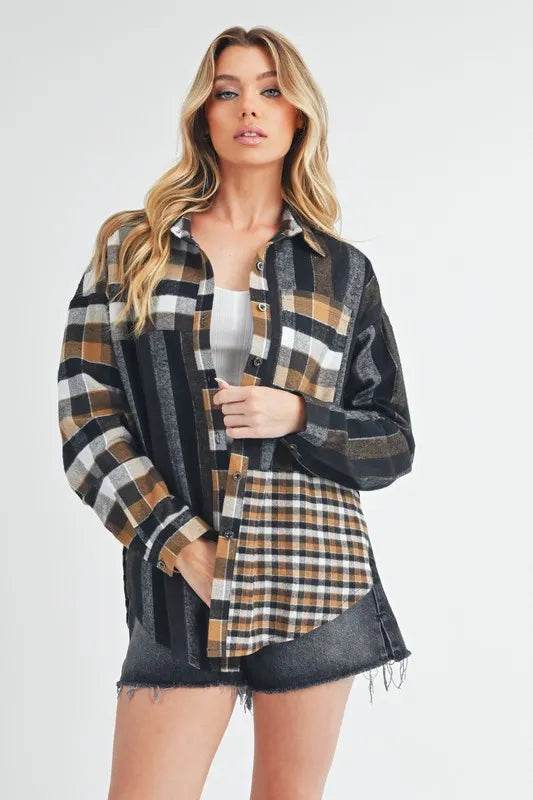Aem+Co Curved Hem Plaid Button Up Shirt Black Trendsi 6996ab73-24cf-4838-9e88-7882d49a8f88-Max