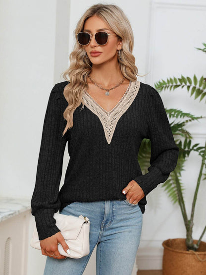 Lace Detail V-Neck Ribbed Blouse Black Trendsi 699be09aee1c4d668f5073aab53c7fc5-Max