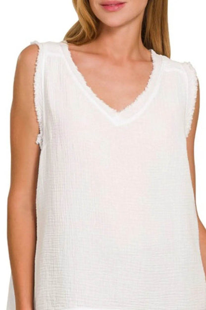 Zenana Double Gauze Raw Edge V-Neck Tank Trendsi 69b67053-0acf-4a6b-978c-b5e8b74976e3-Max-Origin