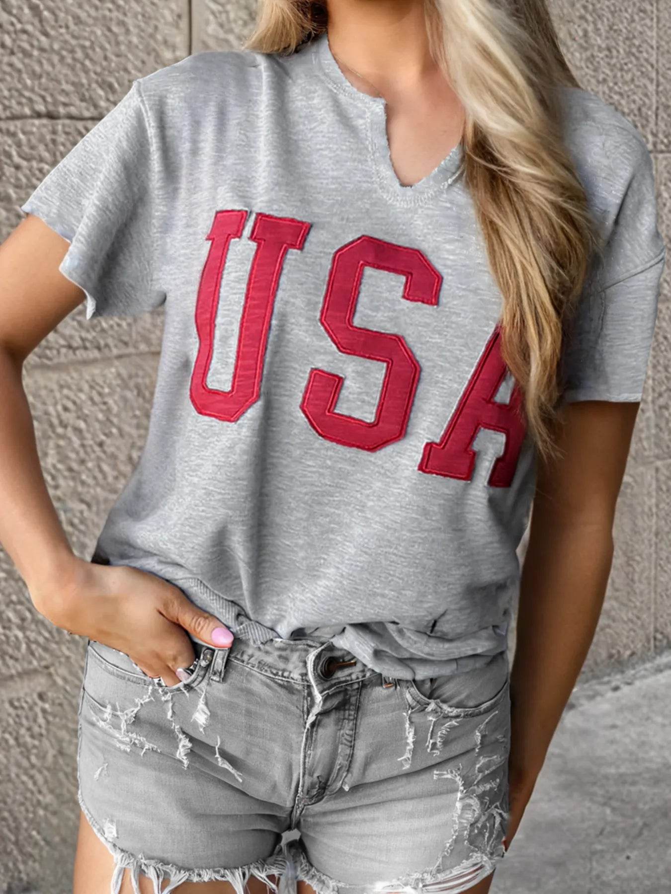 USA Lettering Patch Notched Neck T-Shirt Trendsi 69e66ce50fc347e98887847224b52fa4-Max-Origin
