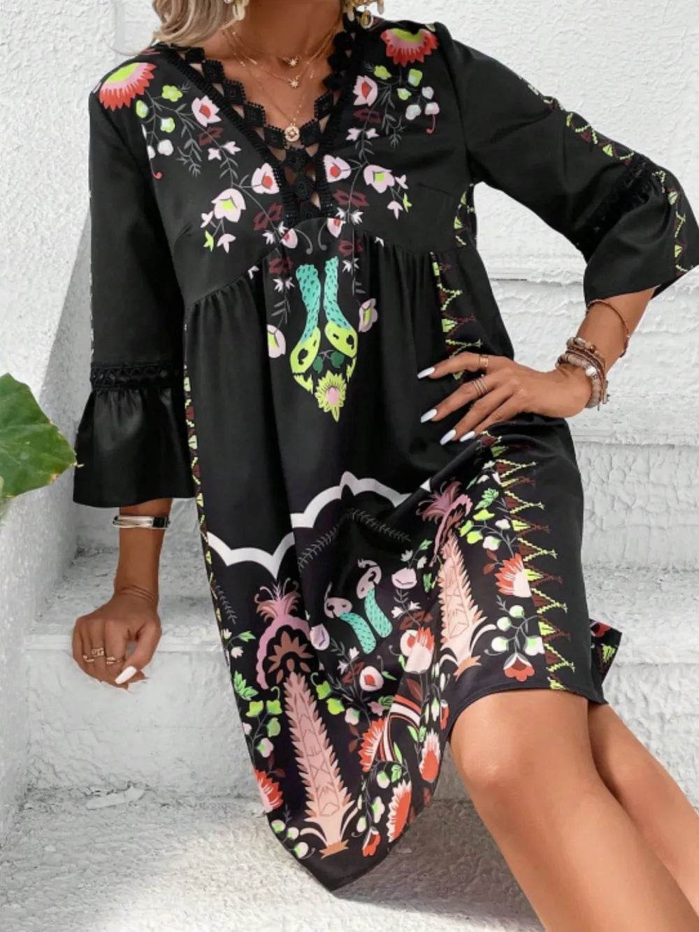 Lace Detail Printed Three-Quarter Sleeve Dress Trendsi 6a117512-3f9b-4c10-b75e-2c4333e8df92-Max