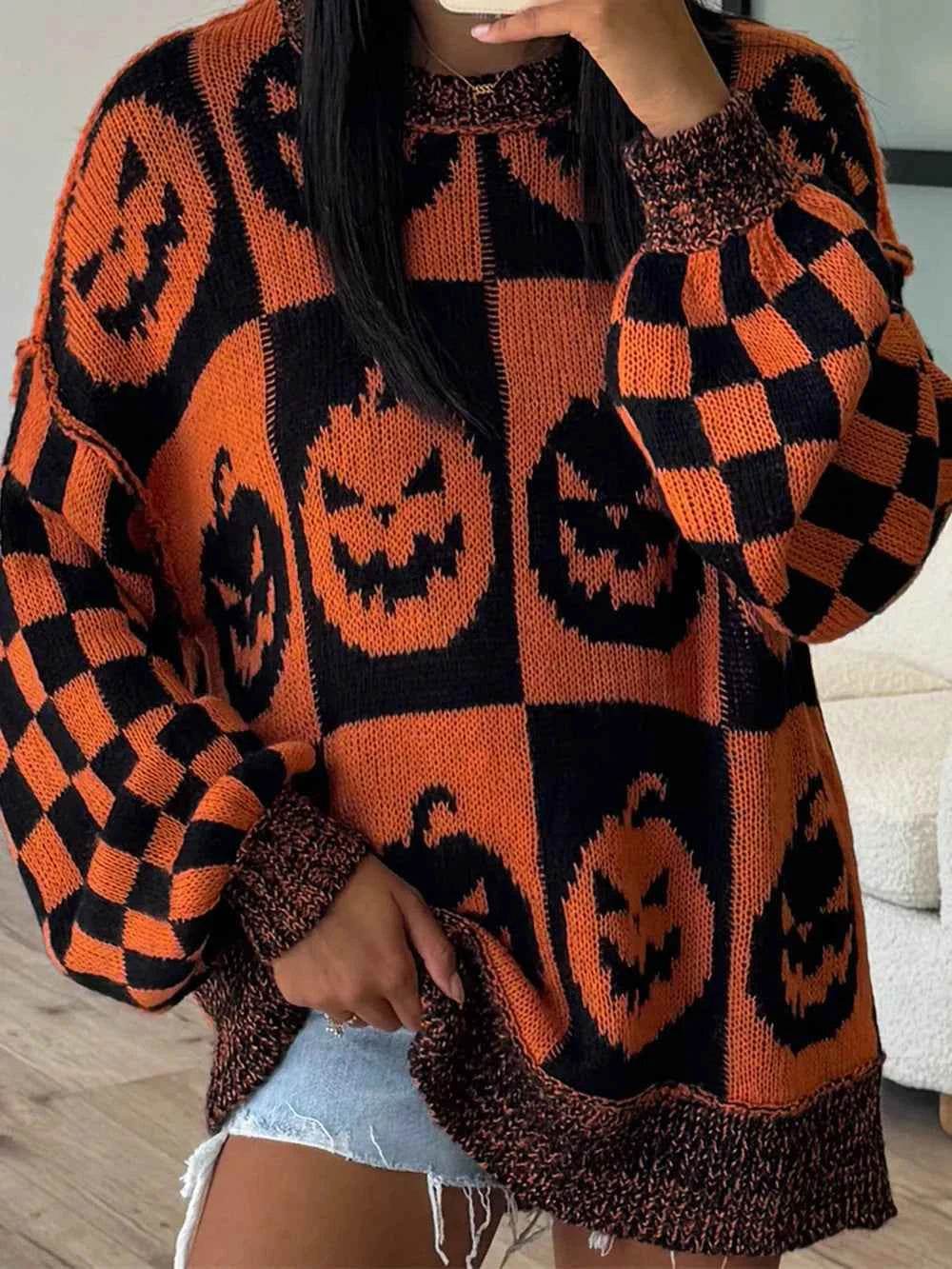 Exposed Seam Pumpkin Round Neck Long Sleeve Sweater Trendsi 6a1582c0-f0a5-4a21-95b7-1d399fea5234-Max