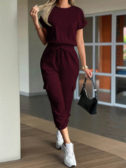 Round Neck Short Sleeve Top and Pants Set Burgundy Trendsi 6a19453c38544b67be34bd3c17ba3b4e-Max-Origin