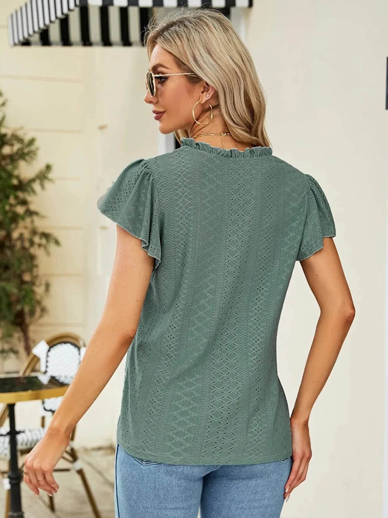 Eyelet Notched Short Sleeve T-Shirt Trendsi 6a42eb6014204ee7a0bcbf2a636c279b-Max-Origin