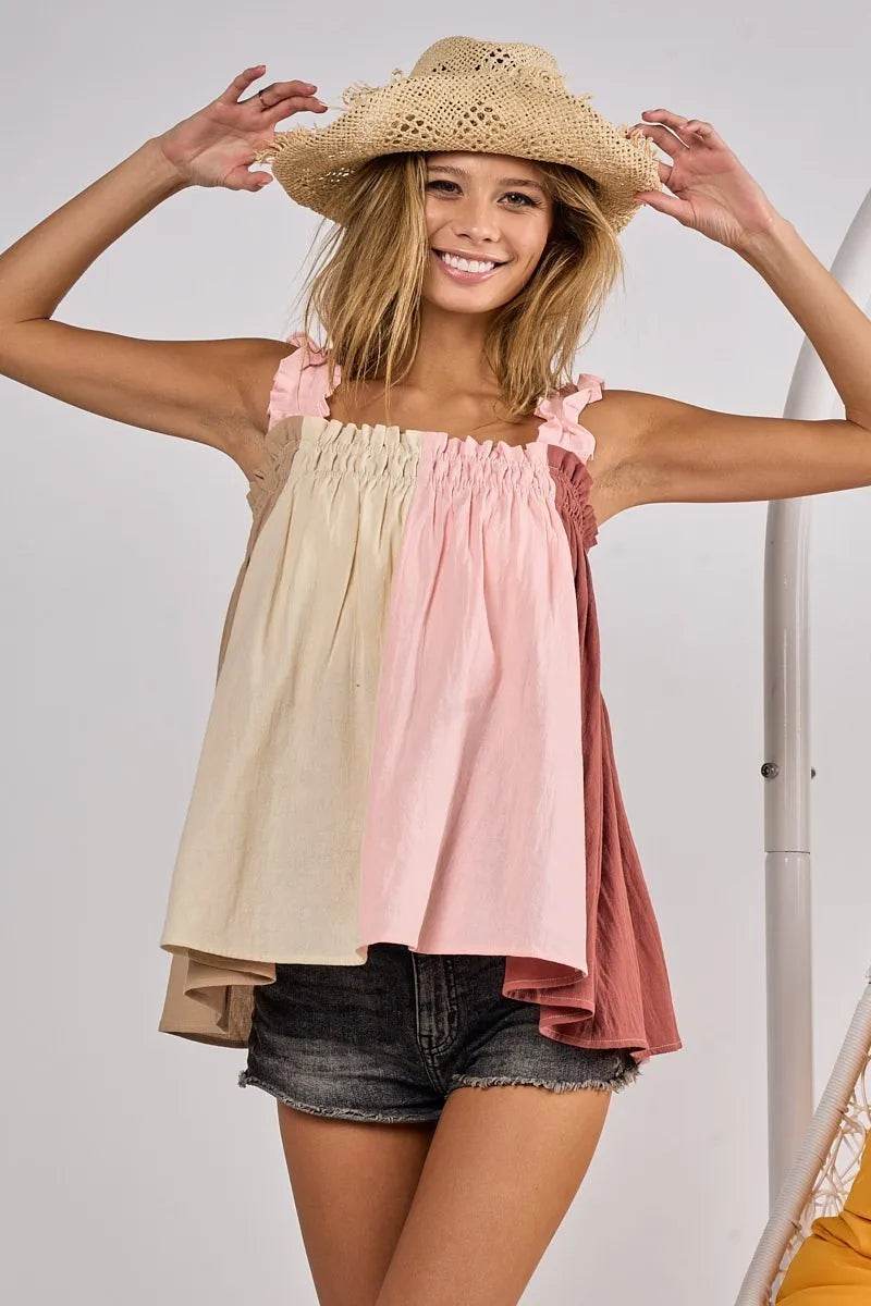 BiBi Frill Shoulder Strap Color Block Bodice Top Trendsi 6a59dd7da7af456cb2af29562a951b50-Max-Origin
