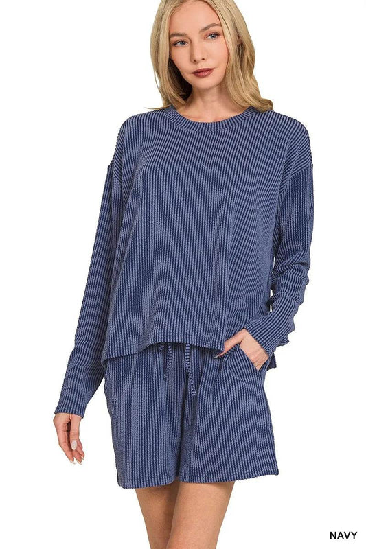 Zenana Corded Rib Long Sleeve Tee and Shorts Set NAVY Trendsi 6a60a35858864185bfd5133ba455fc2c-Max-Origin