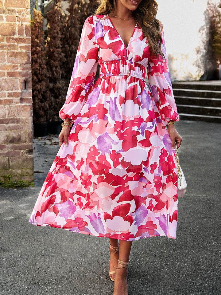 Devine Printed V-Neck Long Sleeve Midi Dress Trendsi 6a67e61c0fa94bb585790b43043734b1-Max