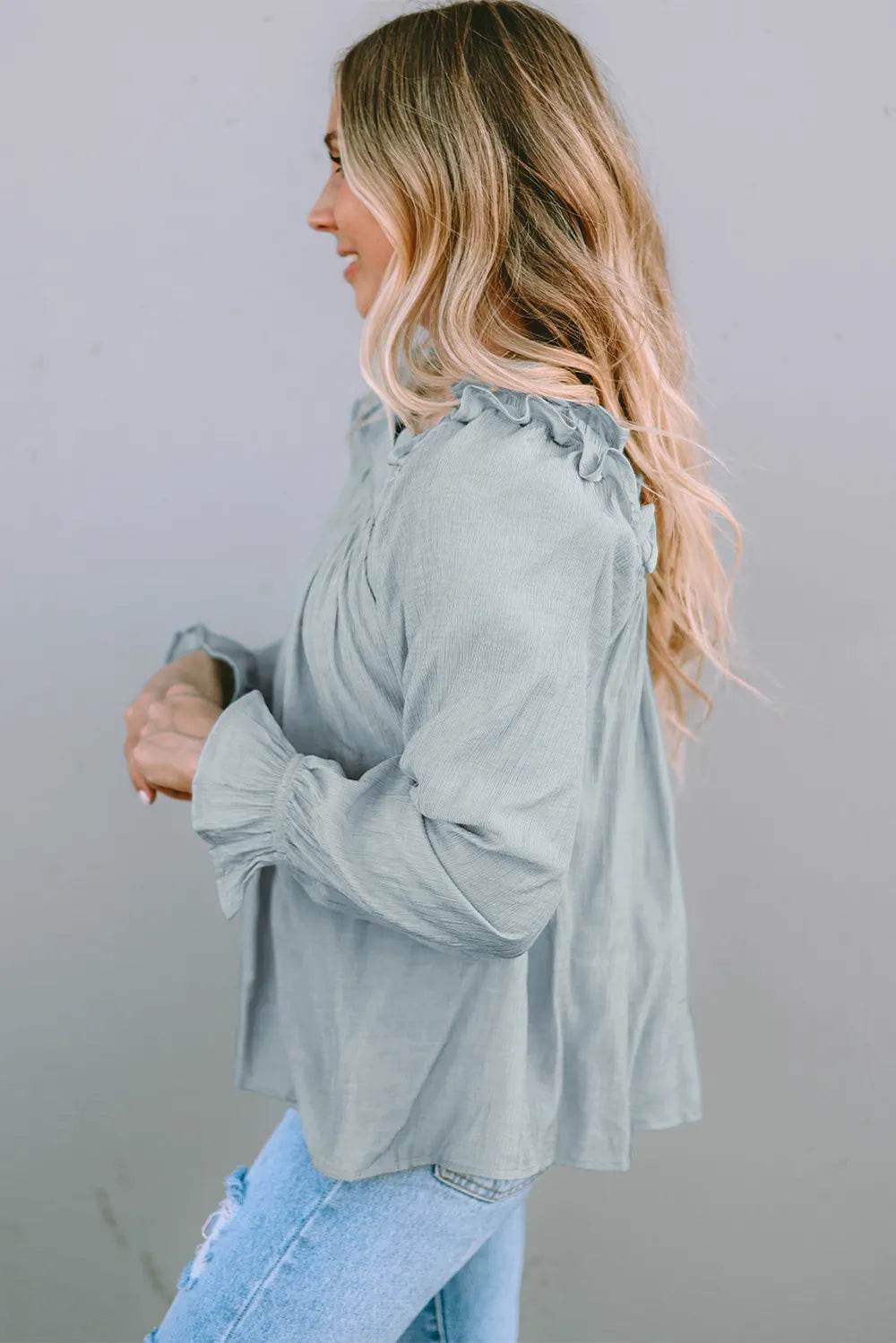 Frill Trim Flounce Sleeve Blouse Trendsi 6a6aafe6383641a594a1ddb71772cf7a-Max
