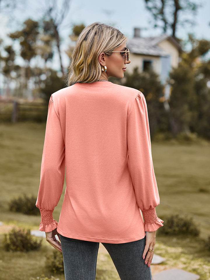 Notched Neck Flounce Sleeve Blouse Trendsi 6a7aa19ed61f42c7825bd401c7656edc-Max