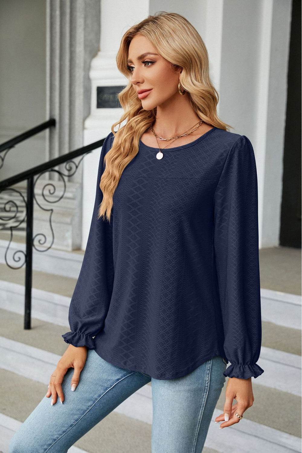 Round Neck Flounce Sleeve Blouse Trendsi 6a7e47bb8e9f49f2bb36065f53c2d0eb-Max