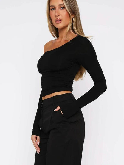 One Shoulder Long Sleeve Crop T-Shirt Trendsi 6a870644a8eb403cabdec04fa462bd83-Max-Origin