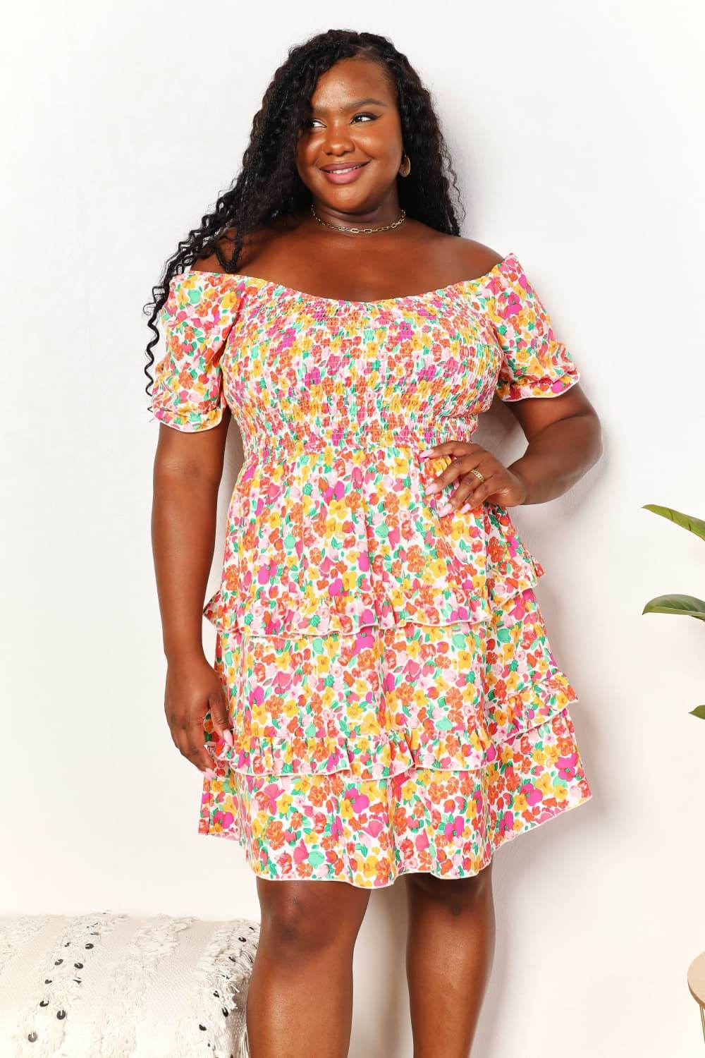 Devine Smocked Sweetheart Neck Flounce Sleeve Mini Dress Trendsi 6a929f428f454a3cac921c2c166ad585-Max