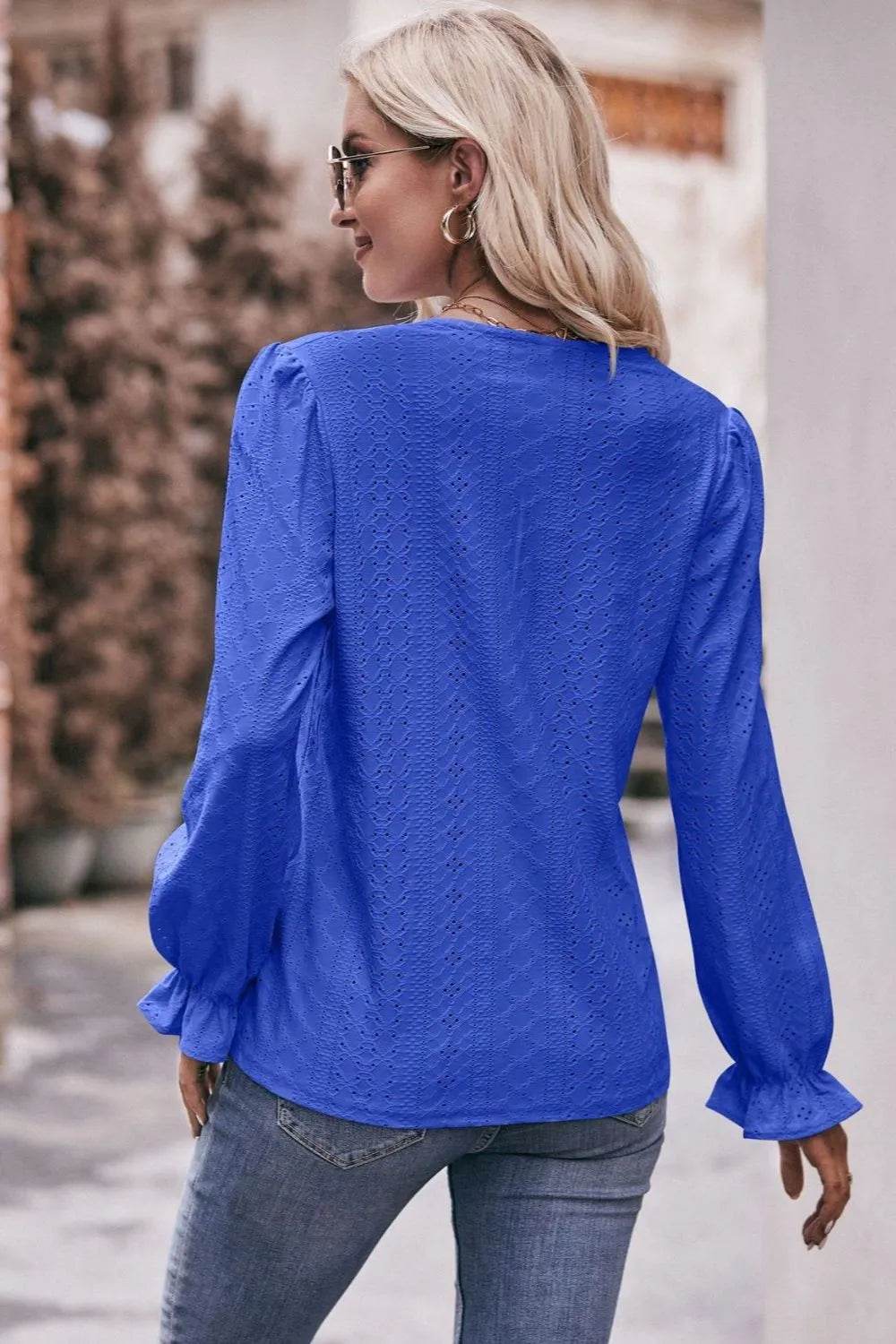 Mandy Eyelet V-Neck Flounce Sleeve Blouse Trendsi 6a978413-6120-42b9-8607-fcd029aa58c8-Max