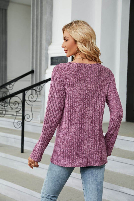 Buttoned Long Sleeve Slit Top Trendsi 6a9fca179dd349bea8810b17a6c8463a-Max
