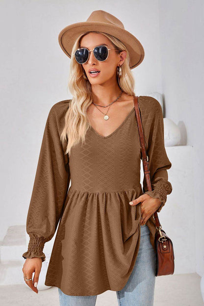V-Neck Lantern Sleeve Blouse Brown Trendsi 6ac1cfd8e13a4e47876d7d11012009bb-Max