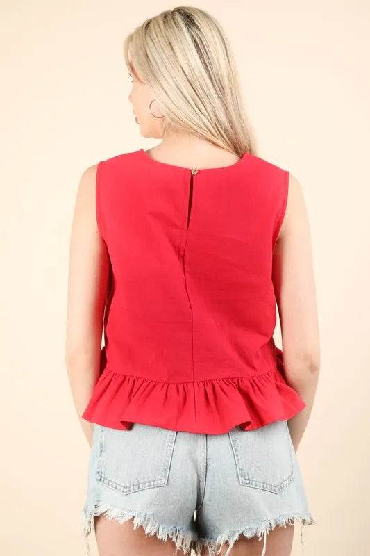VERY J Side Tie Detail Ruffled Sleeveless Top Trendsi 6ac8102b0541484e9ae832d7e0855562-Max-Origin