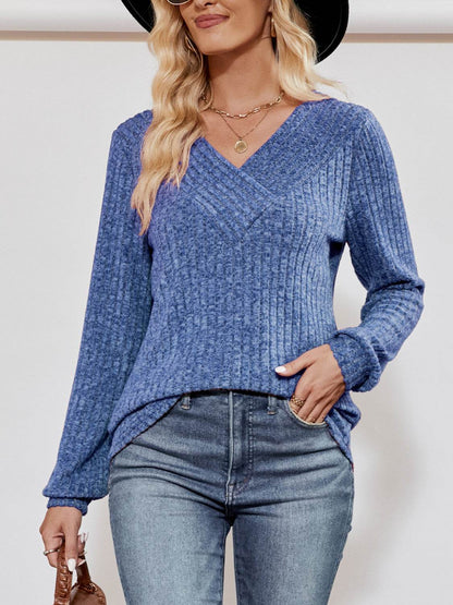 V-Neck Ribbed Long Sleeve Top Trendsi 6adededf0d0242ecad0076b071a14b9d-Max