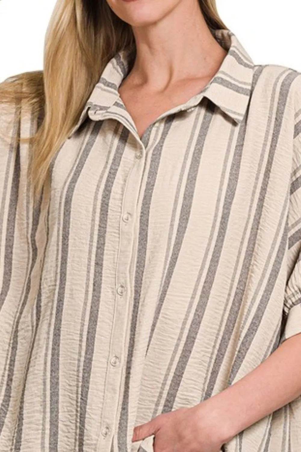 Zenana Woven Yarn-Dye Stripe Oversized Button Down Shirt Trendsi 6ae0316f-e6d2-41b2-ad5a-c6765e246f9b-Max-Origin