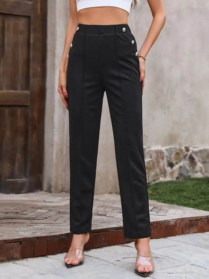 Decorative Button Elastic Waist Pants Trendsi 6aec5e5a-2cfc-4fac-8d60-0972fc1e3c02-Max