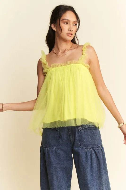 Davi & Dani Shirred Ruffle Strap Tulle Babydoll Top Lemon Trendsi 6af14ec84f0e414f89cc5dc5d83a1be7-Max-Origin