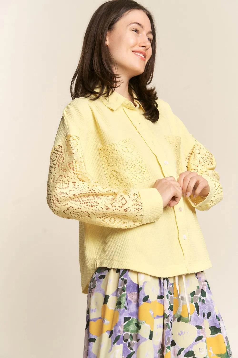 J.NNA Button Down Lace Long Sleeve Waffle Shirt Trendsi 6b32b39c-da69-49e3-9b42-0bf2ce2fa401-Max