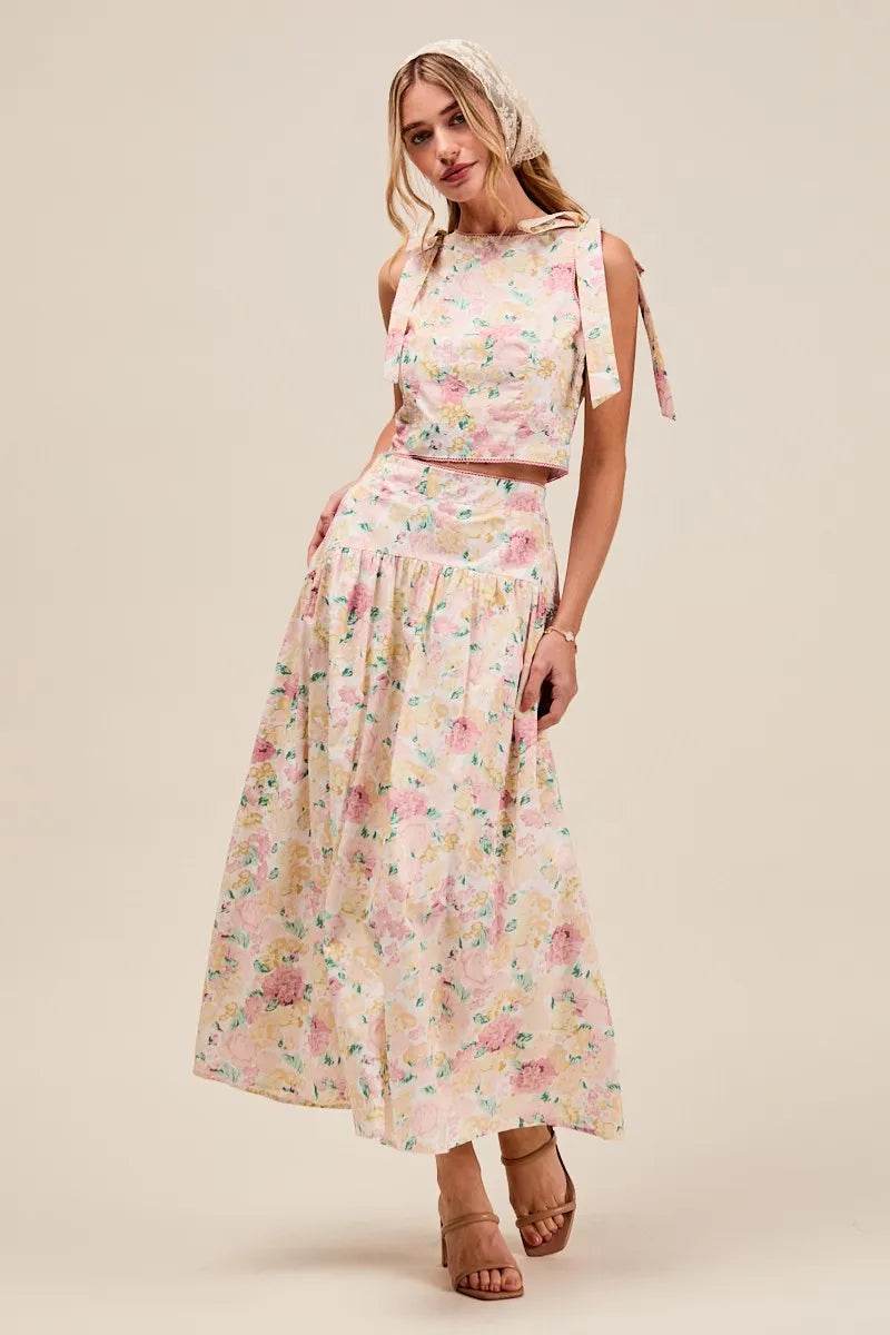 SO ME Floral Printed Woven Shoulder Bow Tie Top and Skirt Set Trendsi 6b342080db714d369049bbd17b0530b3-Max-Origin