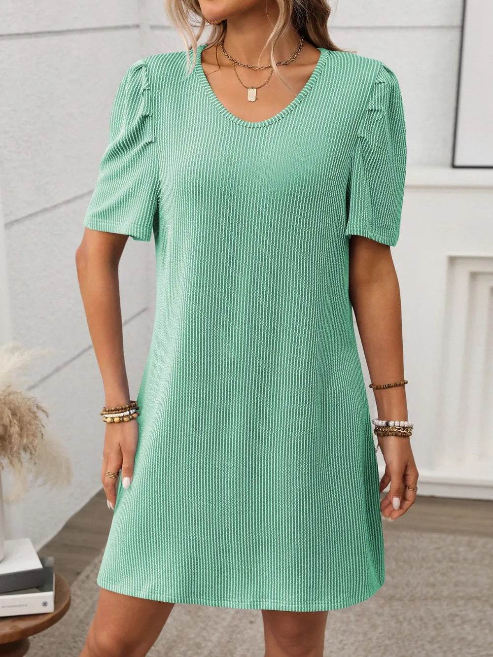 Textured Round Neck Short Sleeve Mini Dress Trendsi 6b5188f0-eb5b-4eb0-b896-4ab6f45bfbca-Max