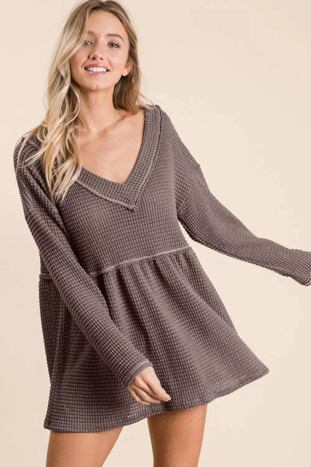 BiBi Waffle Knit V-Neck Babydoll Blouse Trendsi 6b5e04a6-ec22-4a15-845b-48ec66f96703-Max